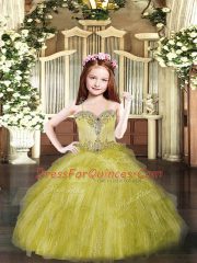 Olive Green Tulle Lace Up Little Girls Pageant Gowns Sleeveless Floor Length Beading and Ruffles