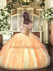 Customized Rose Pink Lace Up Pageant Dress for Teens Beading and Ruffles Sleeveless Floor Length