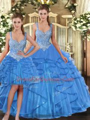 Ball Gowns Quinceanera Gowns Baby Blue Straps Tulle Sleeveless Floor Length Lace Up