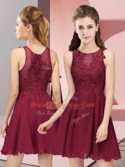 Scoop Sleeveless Quinceanera Court of Honor Dress Mini Length Appliques Burgundy Chiffon