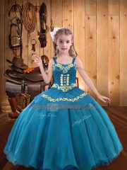 Floor Length Teal Kids Formal Wear Organza Sleeveless Embroidery and Ruffles