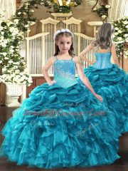 On Sale Floor Length Ball Gowns Sleeveless Teal Little Girl Pageant Gowns Lace Up