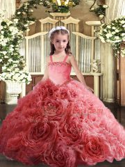 Coral Red Lace Up Kids Formal Wear Appliques Sleeveless Floor Length