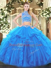 Sleeveless Floor Length Beading and Ruffles Backless Quinceanera Dress with Baby Blue