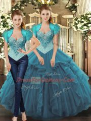 Beautiful Tulle Sleeveless Floor Length Quince Ball Gowns and Beading and Ruffles