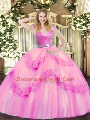 Modern Floor Length Zipper Sweet 16 Dress Rose Pink for Military Ball and Sweet 16 and Quinceanera with Beading and Appliques