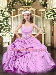 Hot Sale Organza Straps Sleeveless Lace Up Beading and Ruffles Kids Pageant Dress in Lilac