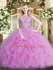 Beading and Ruffles Quinceanera Dress Lilac Backless Sleeveless Floor Length