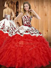 Glamorous Embroidery and Ruffles Quinceanera Gowns Red Lace Up Sleeveless Floor Length