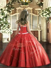 Most Popular Rust Red Ball Gowns Tulle Straps Sleeveless Appliques Floor Length Lace Up Girls Pageant Dresses