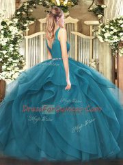 Affordable Teal Ball Gowns Tulle V-neck Sleeveless Beading and Ruffles Floor Length Zipper Vestidos de Quinceanera