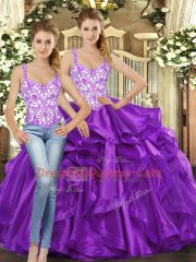 Eggplant Purple Straps Lace Up Beading and Ruffles Vestidos de Quinceanera Sleeveless