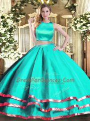 Elegant Turquoise Criss Cross Sweet 16 Dress Ruching Sleeveless Floor Length