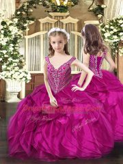 Fuchsia Organza Lace Up V-neck Sleeveless Floor Length Little Girl Pageant Dress Beading and Ruffles