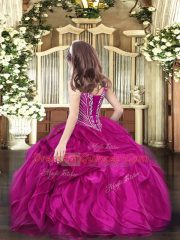 Fuchsia Organza Lace Up V-neck Sleeveless Floor Length Little Girl Pageant Dress Beading and Ruffles