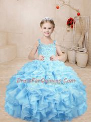 Sleeveless Organza Floor Length Lace Up Winning Pageant Gowns in Baby Blue with Beading and Ruffles