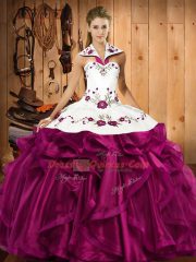 Popular Fuchsia Ball Gowns Organza Halter Top Sleeveless Embroidery and Ruffles Floor Length Lace Up Vestidos de Quinceanera