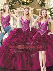 Sleeveless Floor Length Beading and Ruffles Lace Up Sweet 16 Dresses with Fuchsia