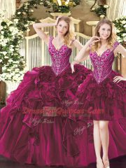 Sleeveless Floor Length Beading and Ruffles Lace Up Sweet 16 Dresses with Fuchsia