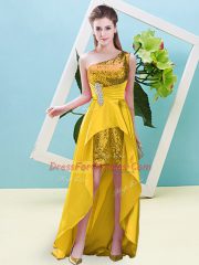 Affordable A-line Evening Dress Gold One Shoulder Elastic Woven Satin and Sequined Sleeveless High Low Lace Up