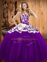 Sweetheart Sleeveless Sweet 16 Dress Floor Length Embroidery Eggplant Purple Satin and Tulle