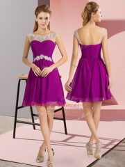 Dynamic Scoop Cap Sleeves Lace Up Dress for Prom Fuchsia Chiffon