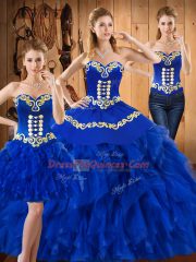 Blue Ball Gowns Embroidery and Ruffles Quinceanera Gowns Lace Up Satin and Organza Sleeveless Floor Length