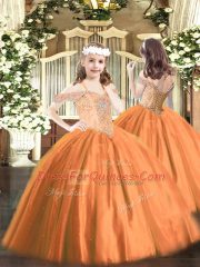 Sleeveless Floor Length Beading Lace Up Glitz Pageant Dress with Rust Red