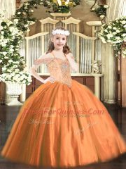 Sleeveless Floor Length Beading Lace Up Glitz Pageant Dress with Rust Red