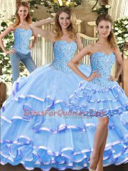 Eye-catching Baby Blue Tulle Lace Up Sweetheart Sleeveless Floor Length Vestidos de Quinceanera Beading and Ruffled Layers