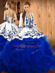 Sleeveless Floor Length Embroidery and Ruffles Lace Up 15th Birthday Dress with Blue