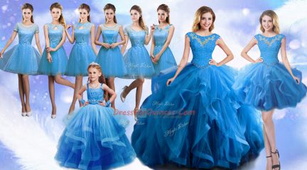 Glittering Scoop Sleeveless Quinceanera Gowns Floor Length Beading and Ruffles Baby Blue Organza