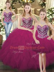 Colorful Fuchsia Organza Lace Up Vestidos de Quinceanera Sleeveless Floor Length Beading and Ruffles