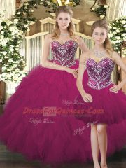 Colorful Fuchsia Organza Lace Up Vestidos de Quinceanera Sleeveless Floor Length Beading and Ruffles