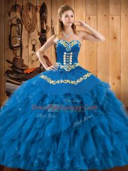Blue Sleeveless Floor Length Embroidery and Ruffles Lace Up Ball Gown Prom Dress