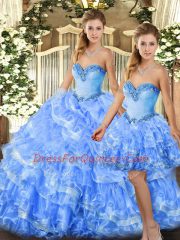 Floor Length Lace Up Quinceanera Gowns Light Blue for Military Ball and Sweet 16 and Quinceanera with Beading and Ruffles