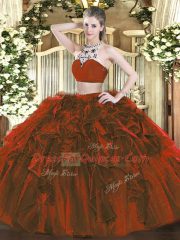 Rust Red Two Pieces High-neck Sleeveless Tulle Floor Length Backless Beading and Ruffles Quinceanera Gown