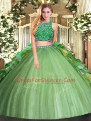 Discount High-neck Sleeveless 15 Quinceanera Dress Floor Length Beading and Ruffles Olive Green Tulle