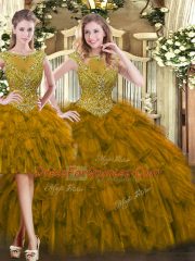 Romantic Brown Sleeveless Beading and Ruffles Floor Length 15 Quinceanera Dress