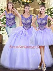 Dramatic Ball Gowns 15th Birthday Dress Lavender Scoop Tulle Sleeveless Floor Length Lace Up