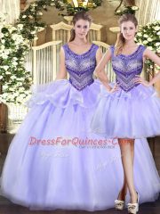 Dramatic Ball Gowns 15th Birthday Dress Lavender Scoop Tulle Sleeveless Floor Length Lace Up
