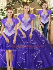 Purple Straps Neckline Beading and Ruffles Sweet 16 Dress Sleeveless Lace Up