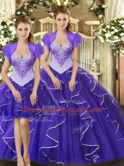 Purple Straps Neckline Beading and Ruffles Sweet 16 Dress Sleeveless Lace Up