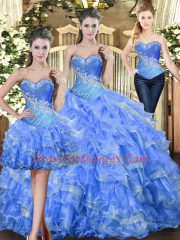Glittering Sleeveless Tulle Floor Length Lace Up Sweet 16 Quinceanera Dress in Baby Blue with Beading and Ruffles