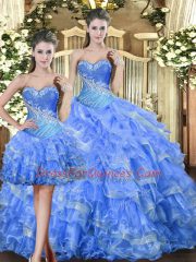 Glittering Sleeveless Tulle Floor Length Lace Up Sweet 16 Quinceanera Dress in Baby Blue with Beading and Ruffles