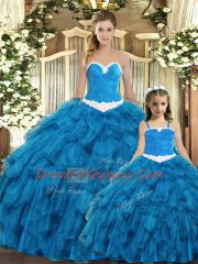 Teal Sweetheart Neckline Ruffles Quinceanera Dresses Sleeveless Lace Up