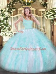 Stylish Aqua Blue Tulle Zipper Straps Sleeveless Floor Length Quince Ball Gowns Beading and Ruffles