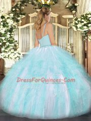 Stylish Aqua Blue Tulle Zipper Straps Sleeveless Floor Length Quince Ball Gowns Beading and Ruffles