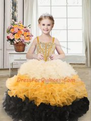Sleeveless Floor Length Beading and Ruffles Lace Up Little Girls Pageant Gowns with Multi-color