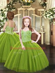 High Quality Olive Green Lace Up Pageant Gowns For Girls Beading Sleeveless Floor Length